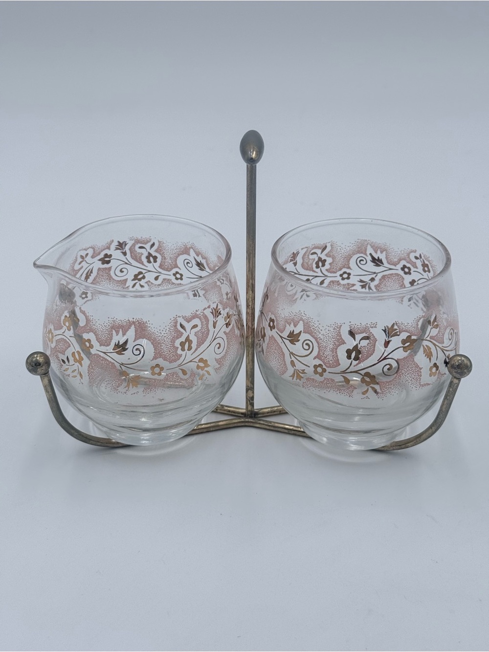 Rare VTG MCM Libbey Pink Duchess Cream & Sugar Set Roly Poly Stand 22kt Gold Pat